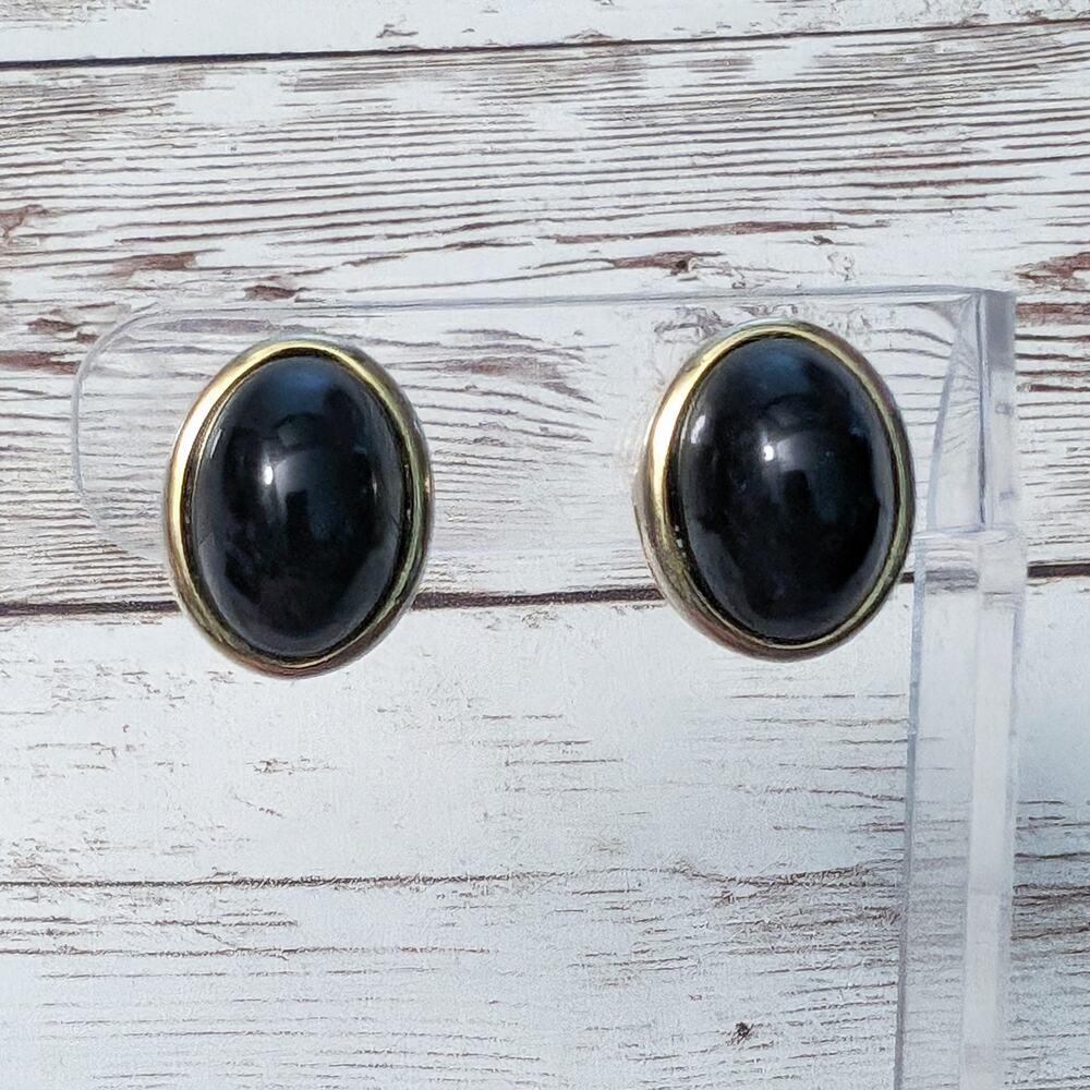 Vintage Clip On Earrings Black 3D Domed with Gold Tone Halo